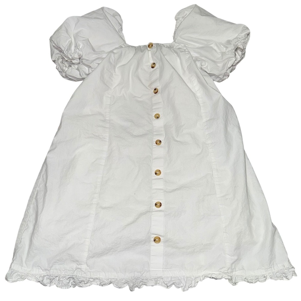 Girls 100% Cotton White Puff Sleeve Button Ruffle Dress S13/14 Coquette Boho - Picture 3 of 9